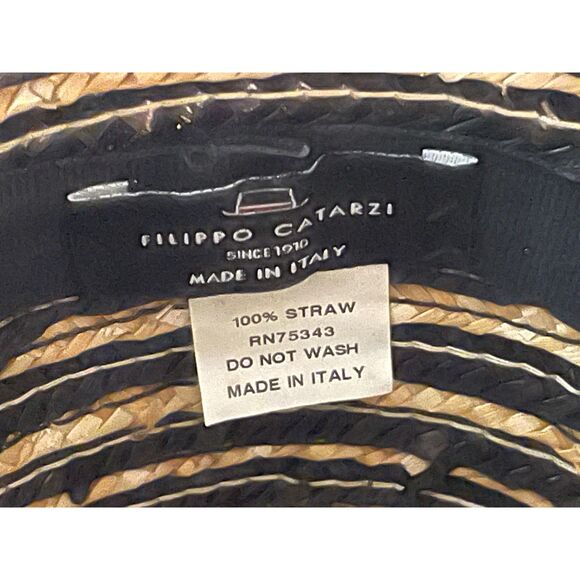 Filippo Catarzi Italy Wide Brim Straw Hat Black Tan Stripe 100% Straw Boho Chic - Picture 3 of 5